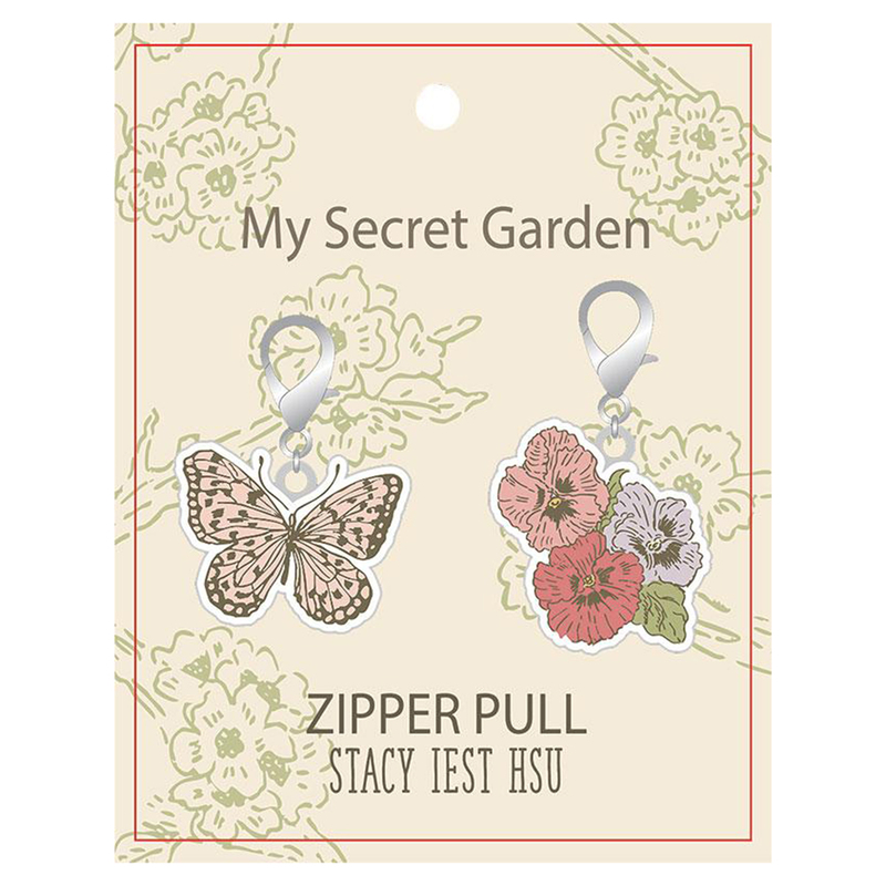 Butterfly and flower bouquet zipper pulls on a decorated backing labeled My Secret Garden.