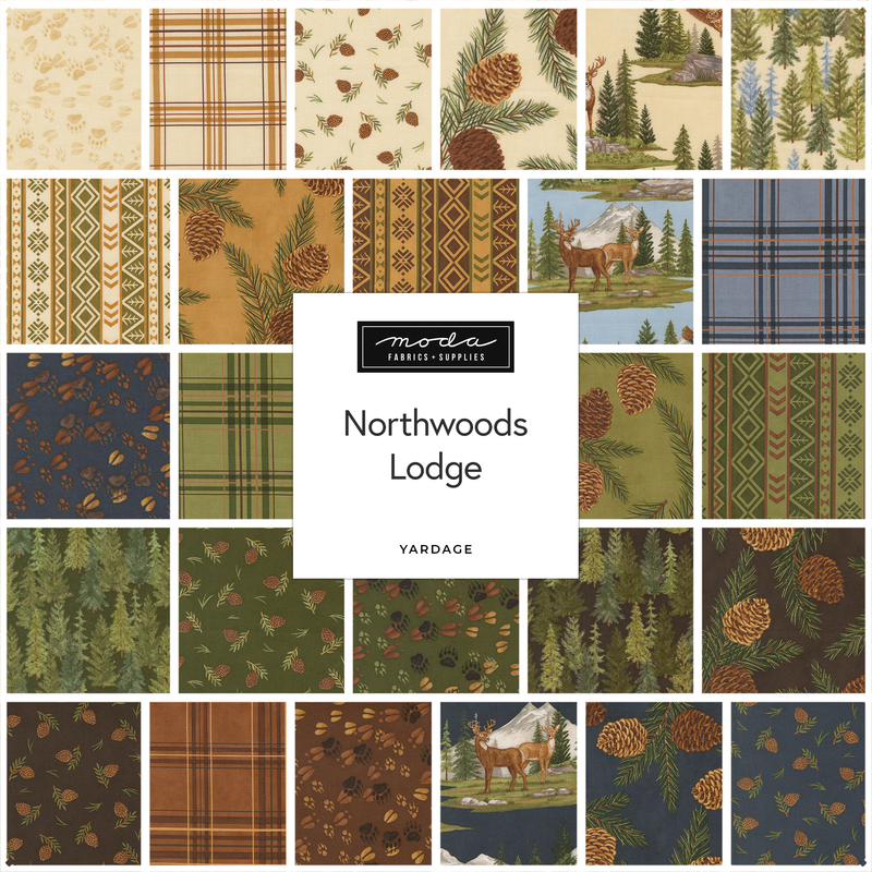 A collage of fabric patterns inspired by nature, featuring trees, pinecones, and rustic motifs.
