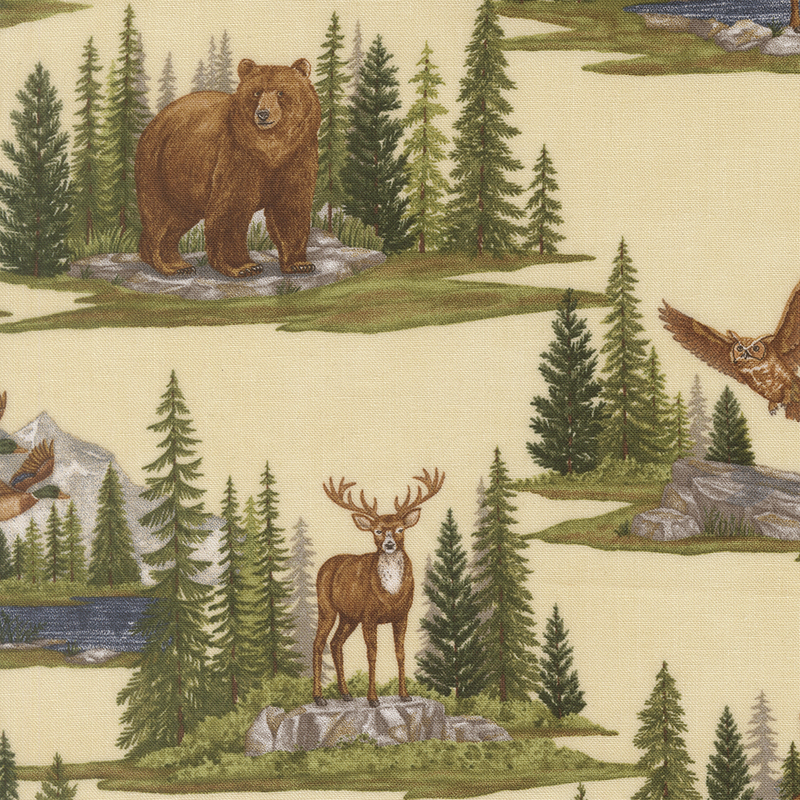 Buff yellow fabric with alpine mountain scenes depicting various woodland creatures within pine forests.
