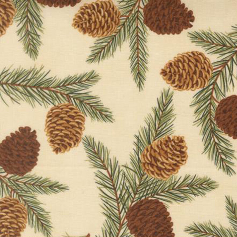 Cream fabric with a tossed pattern of pine branches and large pinecones.