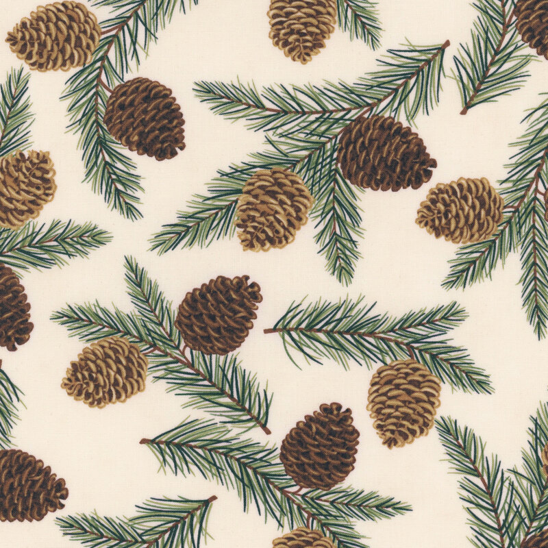 Cream fabric with a tossed pattern of pine branches and large pinecones.