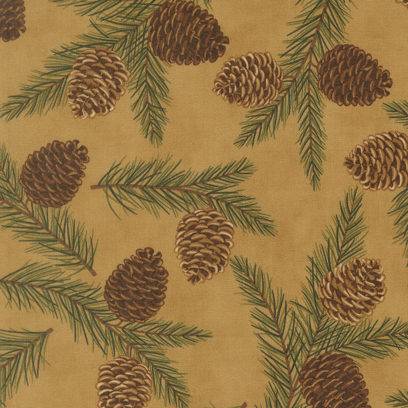 Warm brown fabric with a tossed pattern of pine branches and large pinecones.