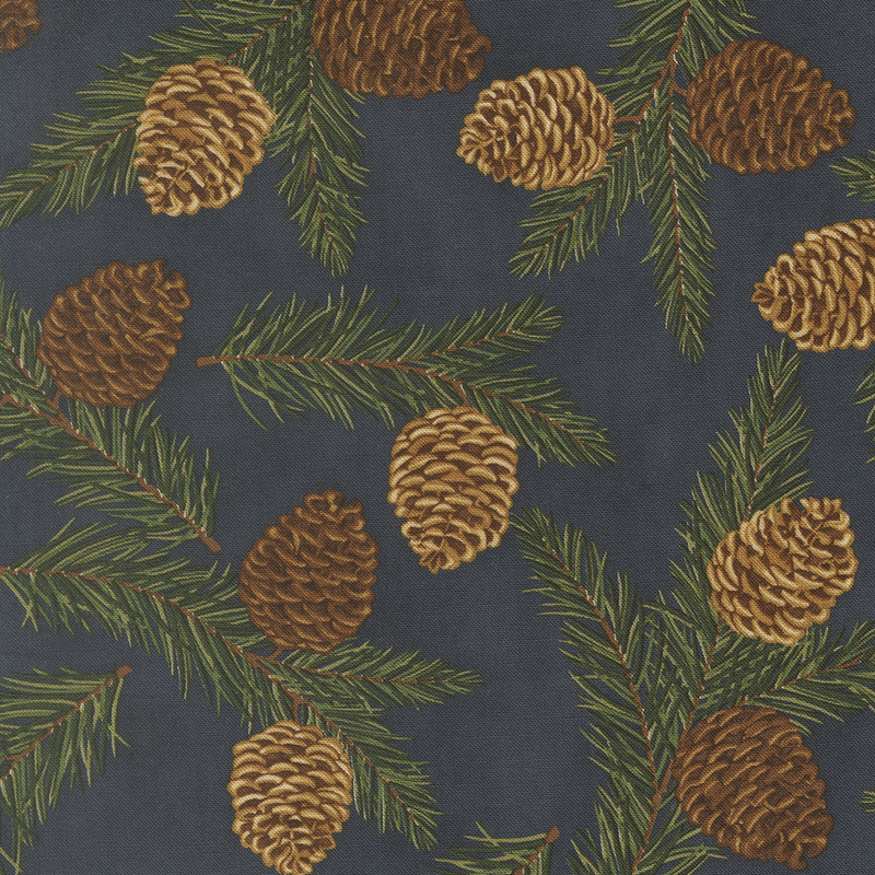 Navy blue fabric with a tossed pattern of pine branches and large pinecones.