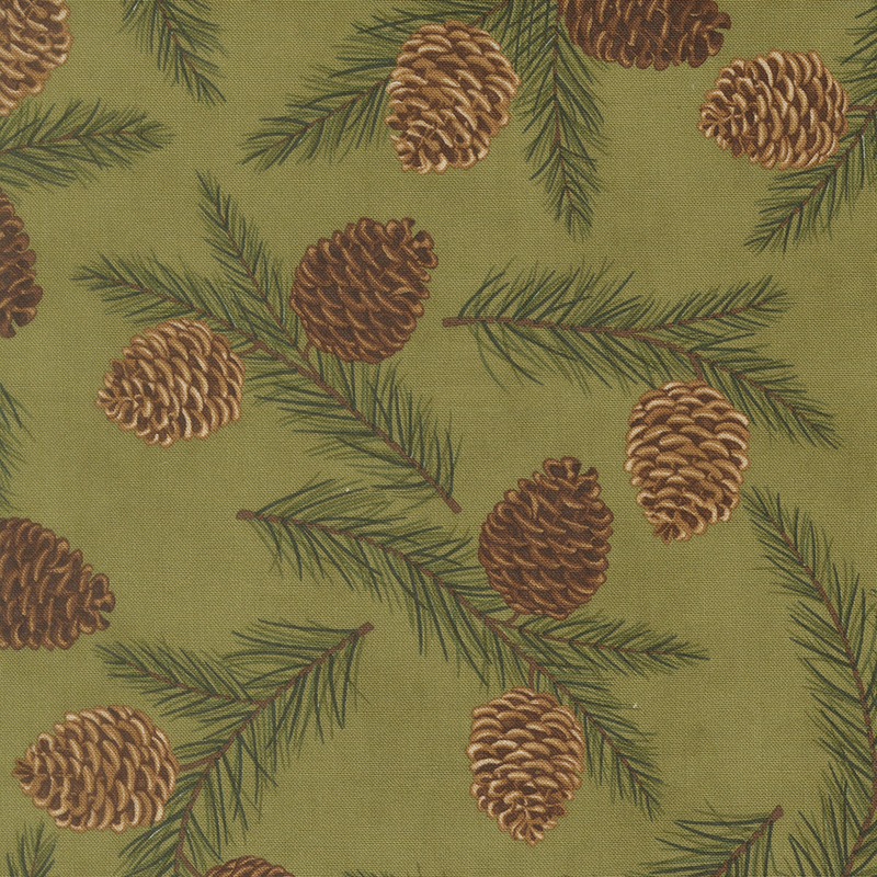 Sage green fabric with a tossed pattern of pine branches and large pinecones.