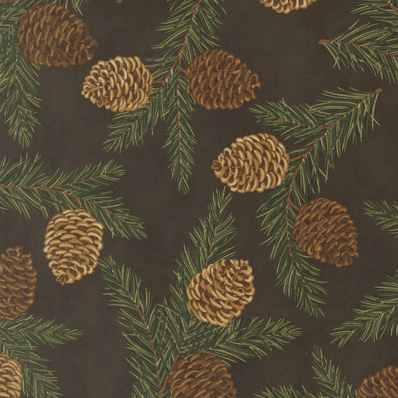 Dark brown fabric with a tossed pattern of pine branches and large pinecones.