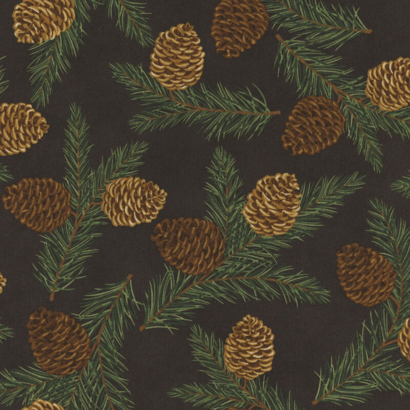 Dark brown fabric with a tossed pattern of pine branches and large pinecones.