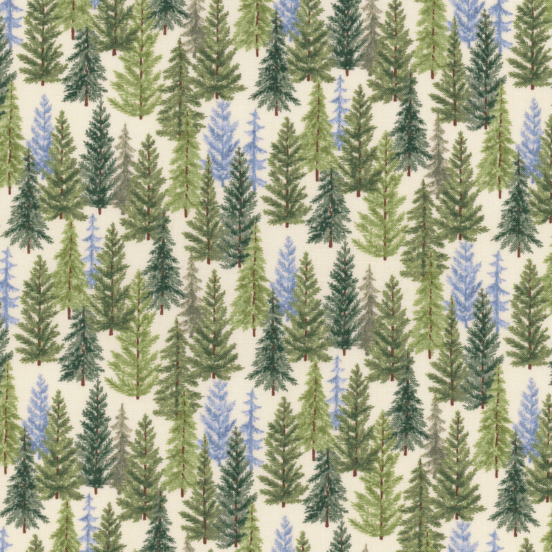 Cream fabric with a dense pattern of green pine trees.