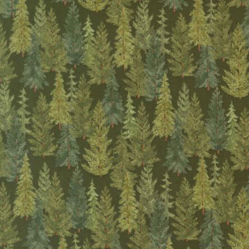Sage green fabric with a dense pattern of green pine trees.