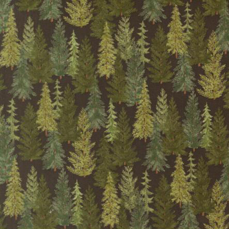 Dark brown fabric with a dense pattern of green pine trees.