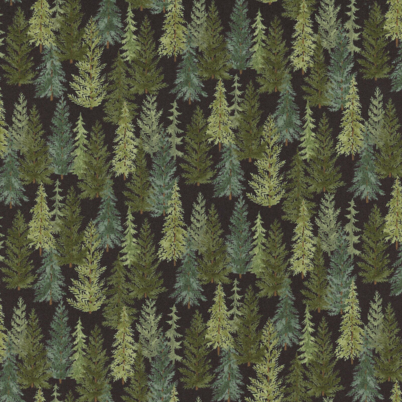 Dark brown fabric with a dense pattern of green pine trees.