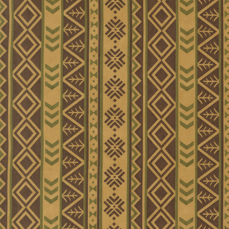 Brown fabric with stripes adorned with stylized outdoor motifs.