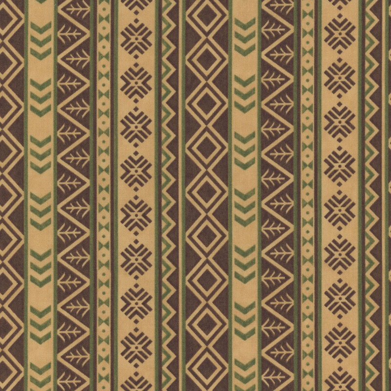 Brown fabric with stripes adorned with stylized outdoor motifs.