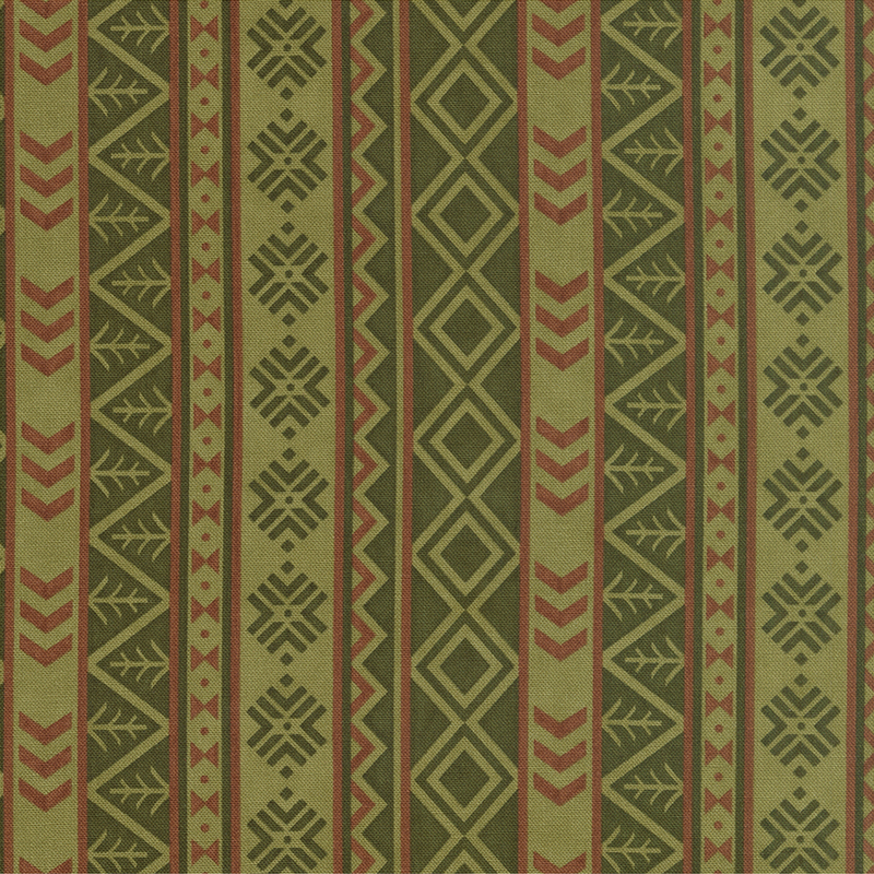 Green fabric with stripes adorned with stylized outdoor motifs.