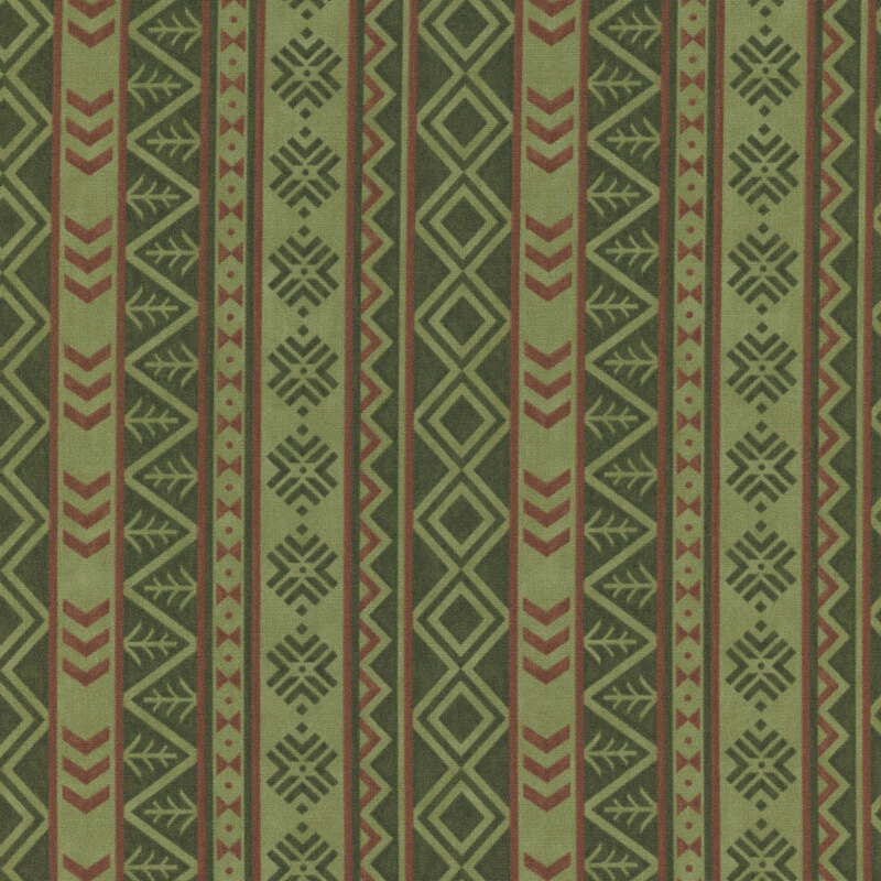 Green fabric with stripes adorned with stylized outdoor motifs.