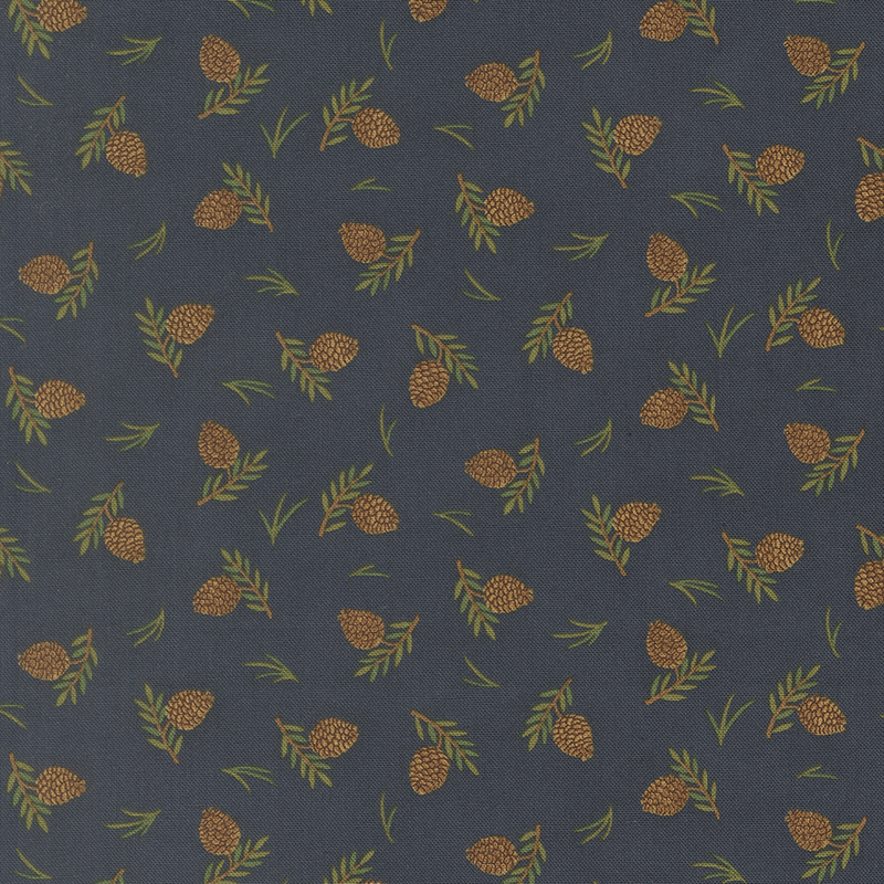 Blue fabric with a tossed pattern of pinecones and leaves.