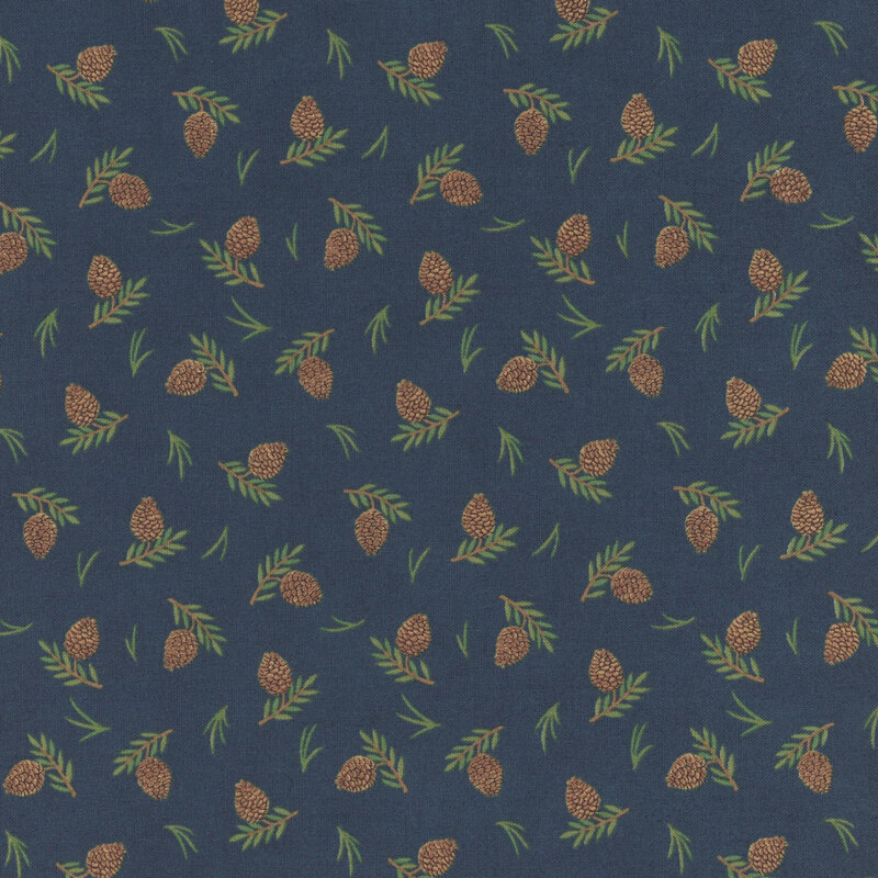 Blue fabric with a tossed pattern of pinecones and leaves.