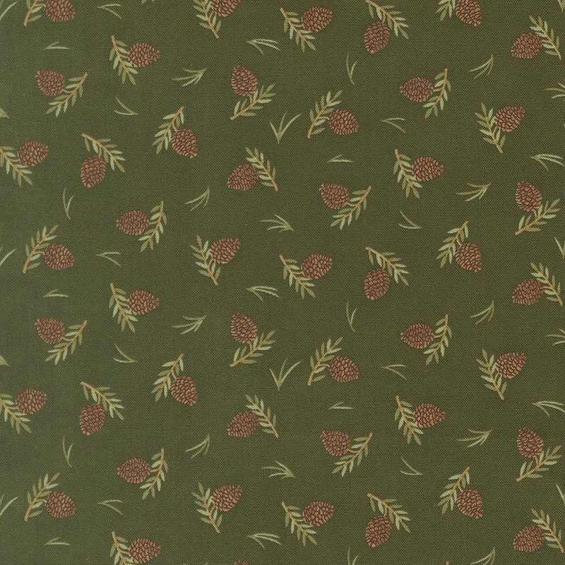 This green fabric with a tossed pattern of pinecones and leaves.