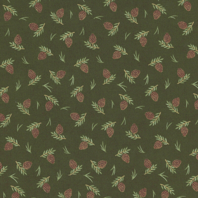 This green fabric with a tossed pattern of pinecones and leaves.