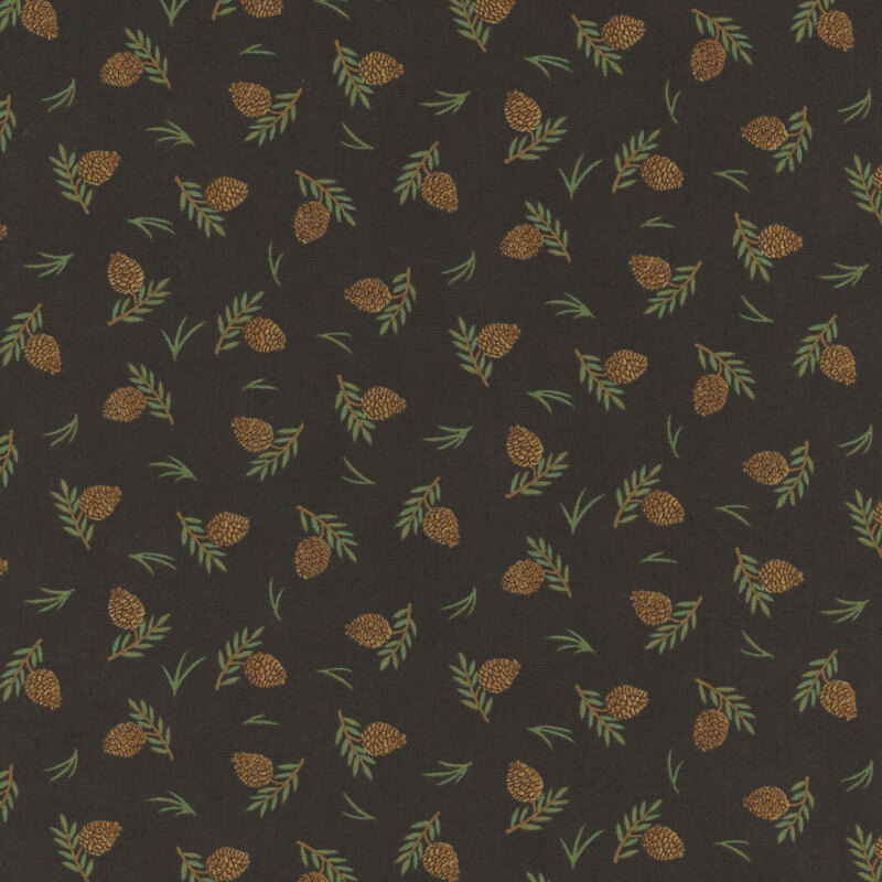 Brown fabric with a tossed pattern of pinecones and leaves.