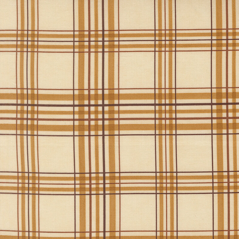 Cream fabric with a classic plaid pattern accented with brown elements.