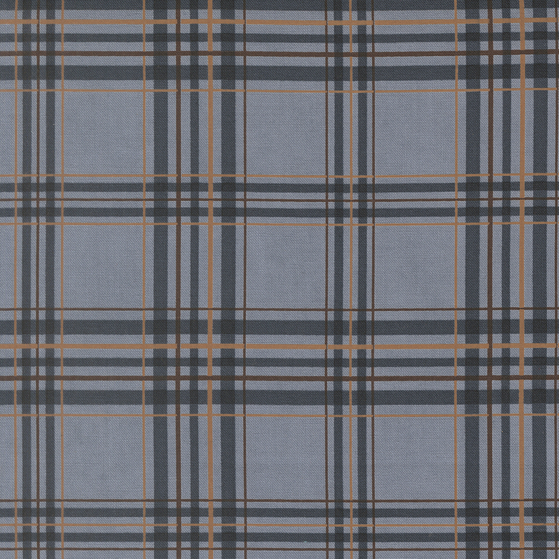 Blue fabric with a plaid pattern accented with brown elements.