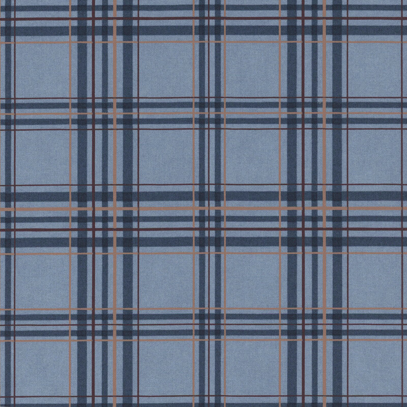 Blue fabric with a plaid pattern accented with brown elements.