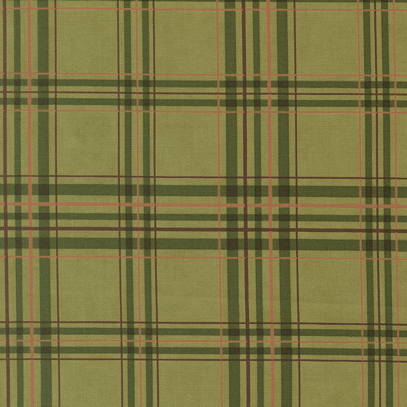 Sage green fabric with a plaid pattern accented with brown elements.