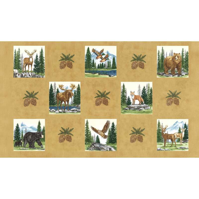 Tan fabric panel with portraits of outdoor woodland scenes centered around animals such as deer, moose, bears, owls, and ducks.