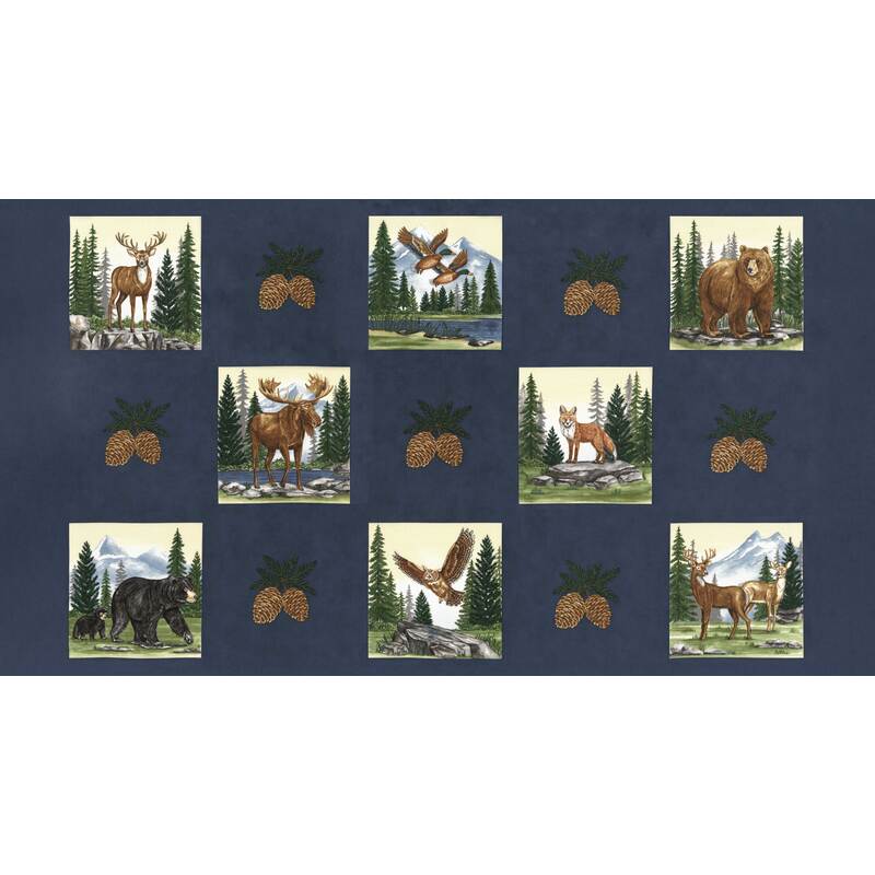Dark blue fabric panel with portraits of outdoor woodland scenes centered around animals such as deer, moose, bears, owls, and ducks.