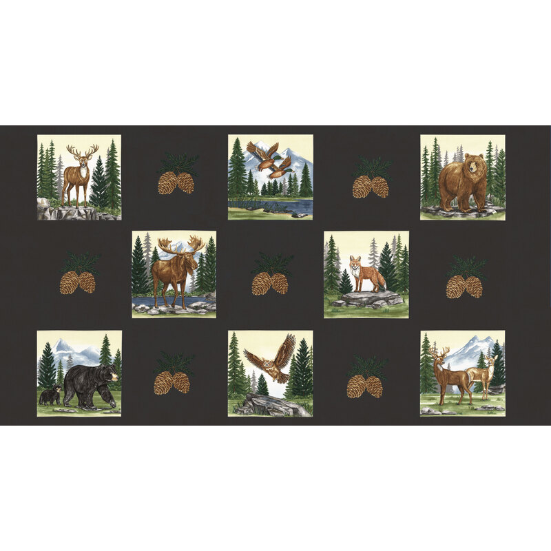 Black fabric panel with portraits of outdoor woodland scenes centered around animals such as deer, moose, bears, owls, and ducks.
