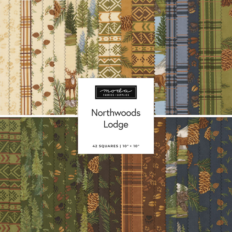 Fabric swatches in various patterns inspired by nature, labeled Northwoods Lodge by Moda.