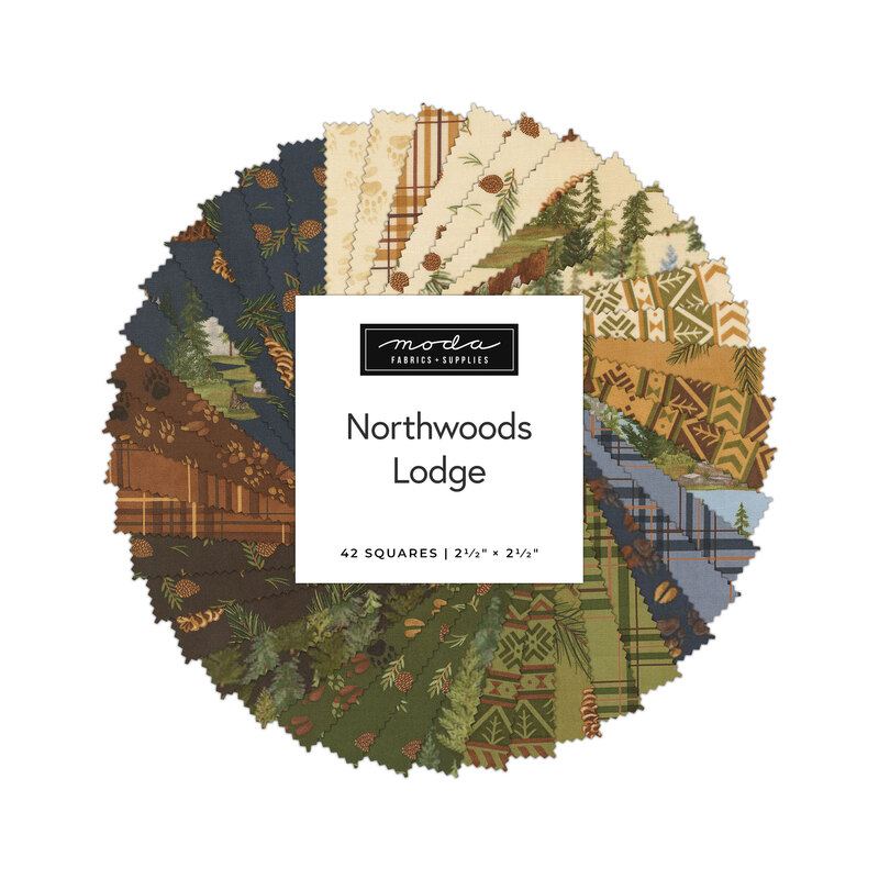 A circular arrangement of fabric squares in varying patterns and colors, labeled Northwoods Lodge.