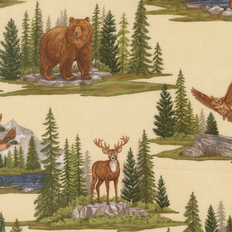 Buff yellow minky fabric with alpine mountain scenes depicting various woodland creatures within pine forests.