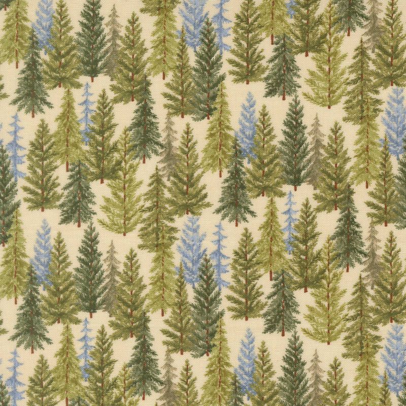 Cream minky fabric with a dense pattern of green pine trees.
