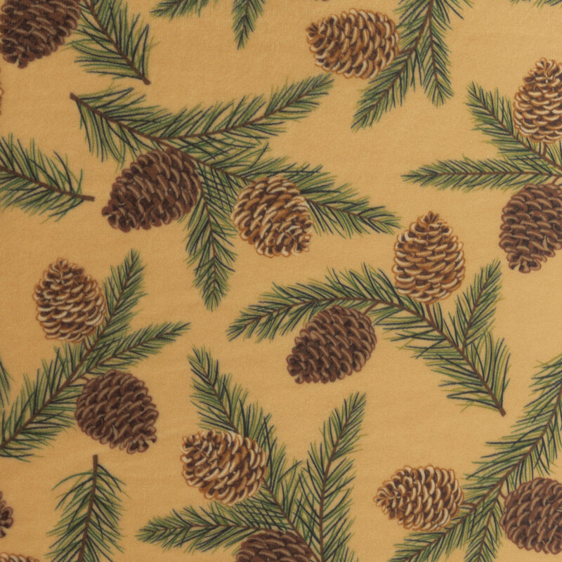 Warm brown minky fabric with a tossed pattern of pine branches and large pinecones.