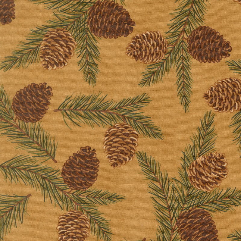 Warm brown minky fabric with a tossed pattern of pine branches and large pinecones.