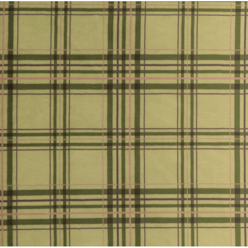 Sage green minky fabric with a plaid pattern accented with brown elements.
