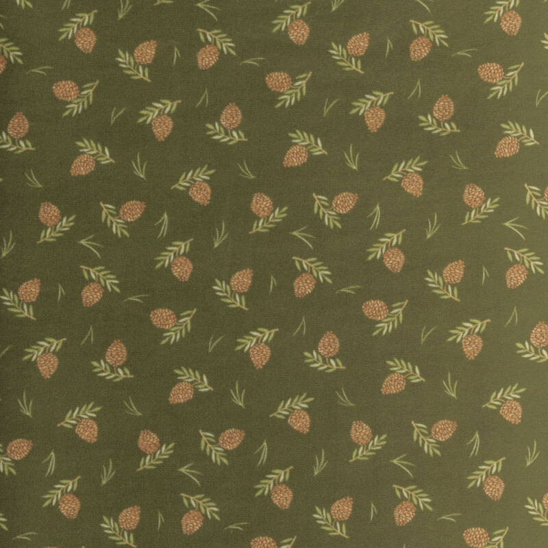 This green minky fabric with a tossed pattern of pinecones and leaves.
