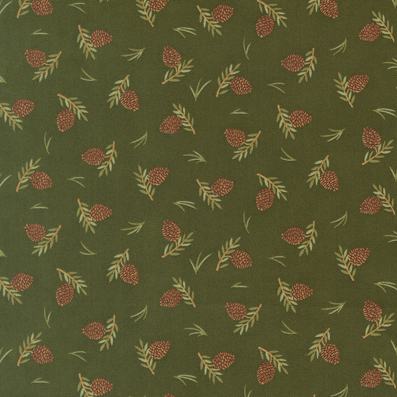 This green minky fabric with a tossed pattern of pinecones and leaves.