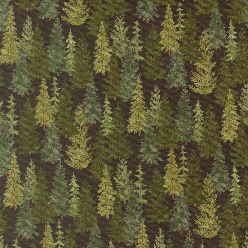 Dark brown minky fabric with a dense pattern of green pine trees.