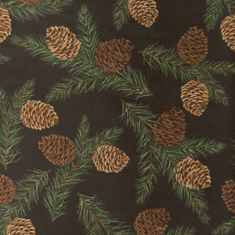 Dark brown minky fabric with a tossed pattern of pine branches and large pinecones.