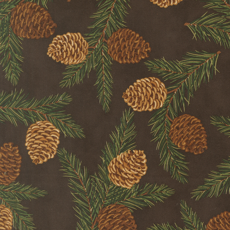 Dark brown minky fabric with a tossed pattern of pine branches and large pinecones.