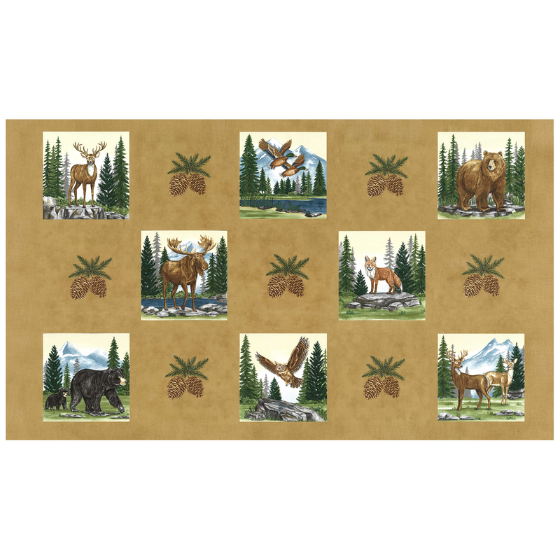 Tan minky fabric panel with portraits of outdoor woodland scenes centered around animals such as deer, moose, bears, owls, and ducks.
