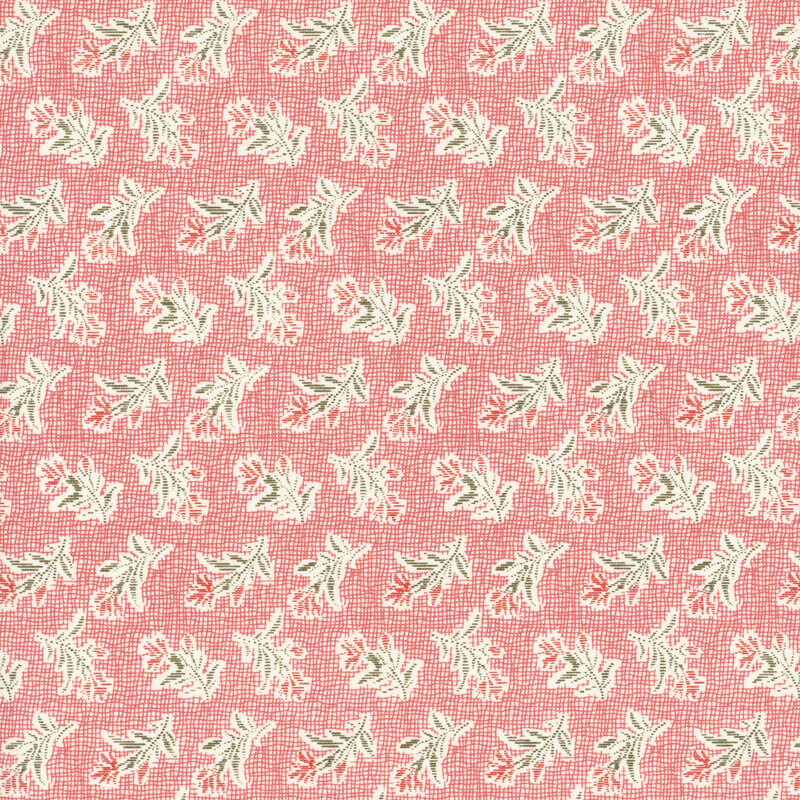 Tossed red flowers with green stems on a crosshatch pink background