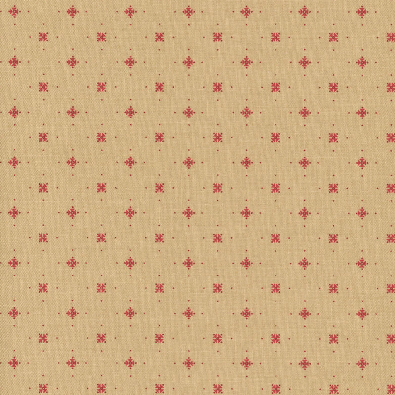 Red dots and geometric shapes on a tan background