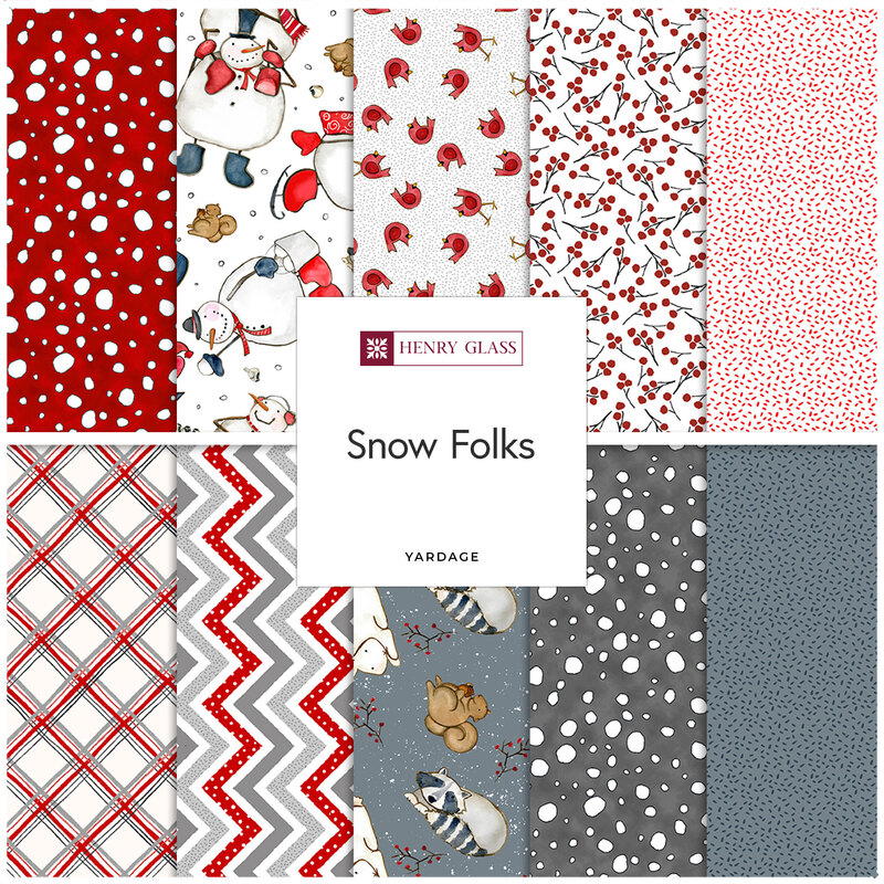 A collage of fabrics included in the Snow Folks collection with red, white, and gray winter themed fabrics.