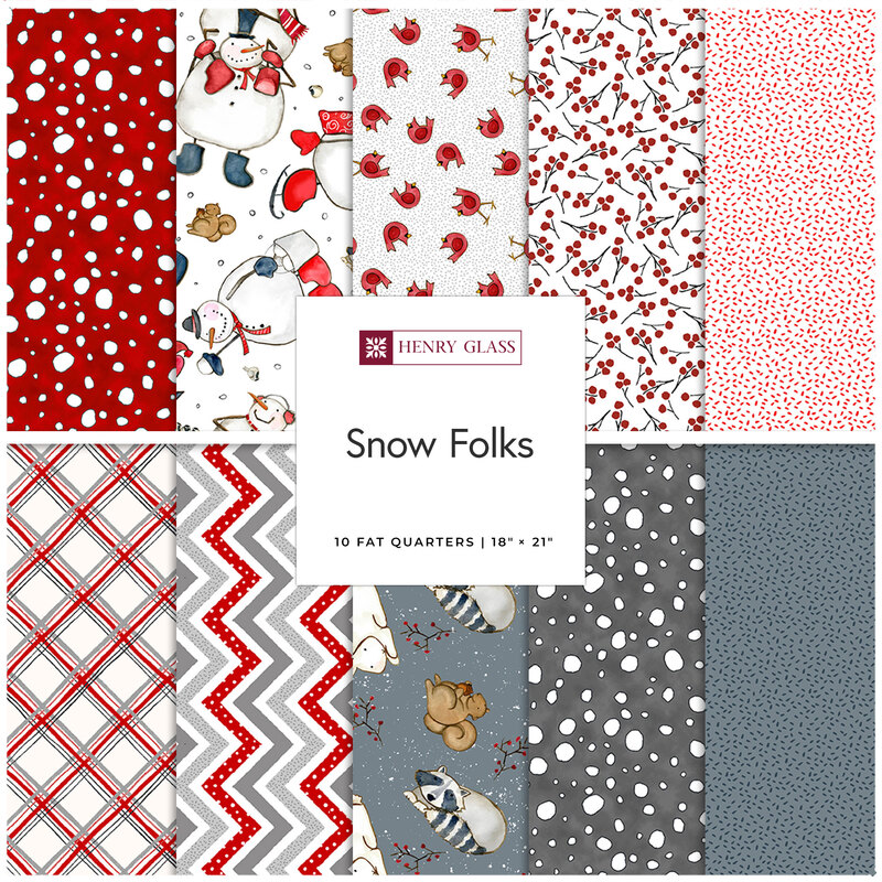 A collage of fabrics included in the Snow Folks collection with red, white, and gray winter themed fabrics.