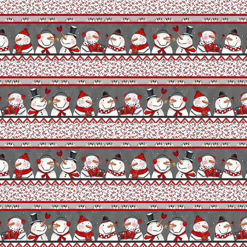 Border stripe fabric featuring cheerful snowmen dressed in red scarves and hats alternating with rows of holly and resting birds.
