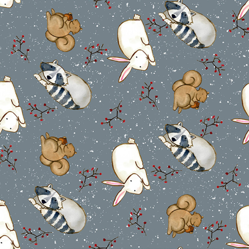 Cadet blue fabric featuring cute forest animals and sprigs of holly.
