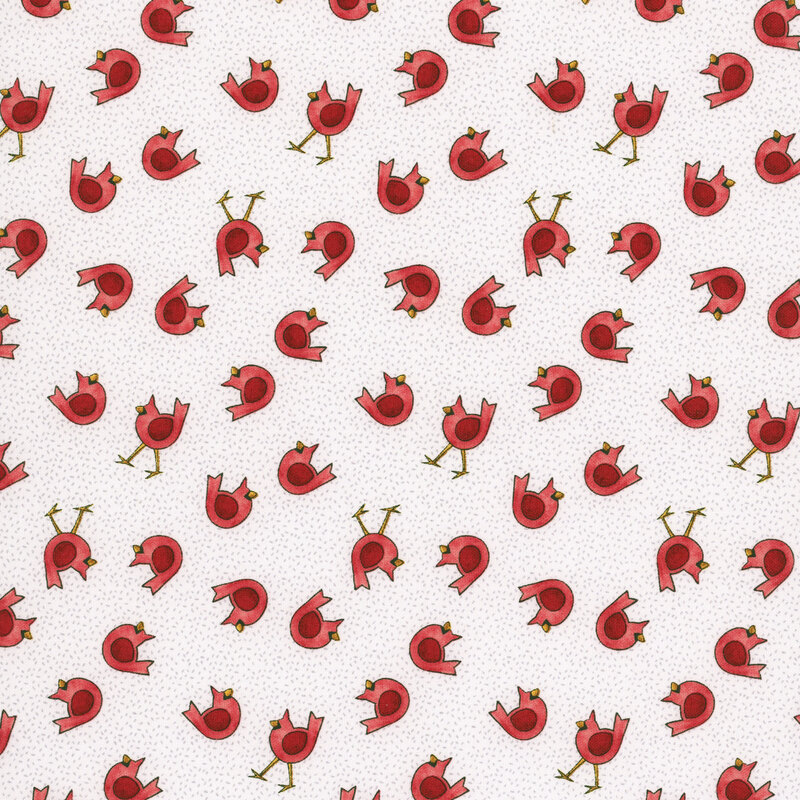 Stylized red birds tossed on pinpoint dotted white fabric.
